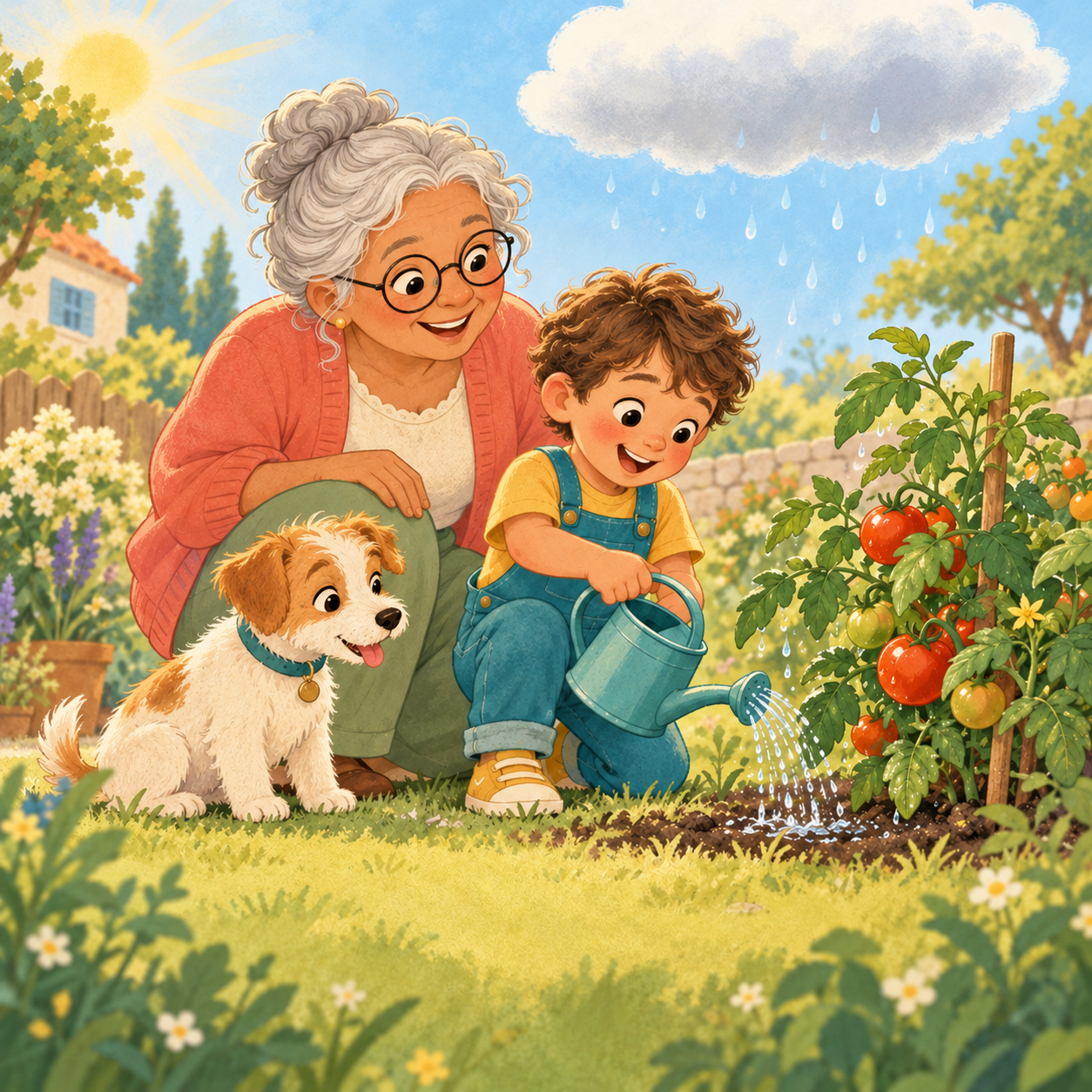 Dibujo estilo cuento de Milo y Nana regando plantas de tomate, con Pip, el terrier, a su lado.